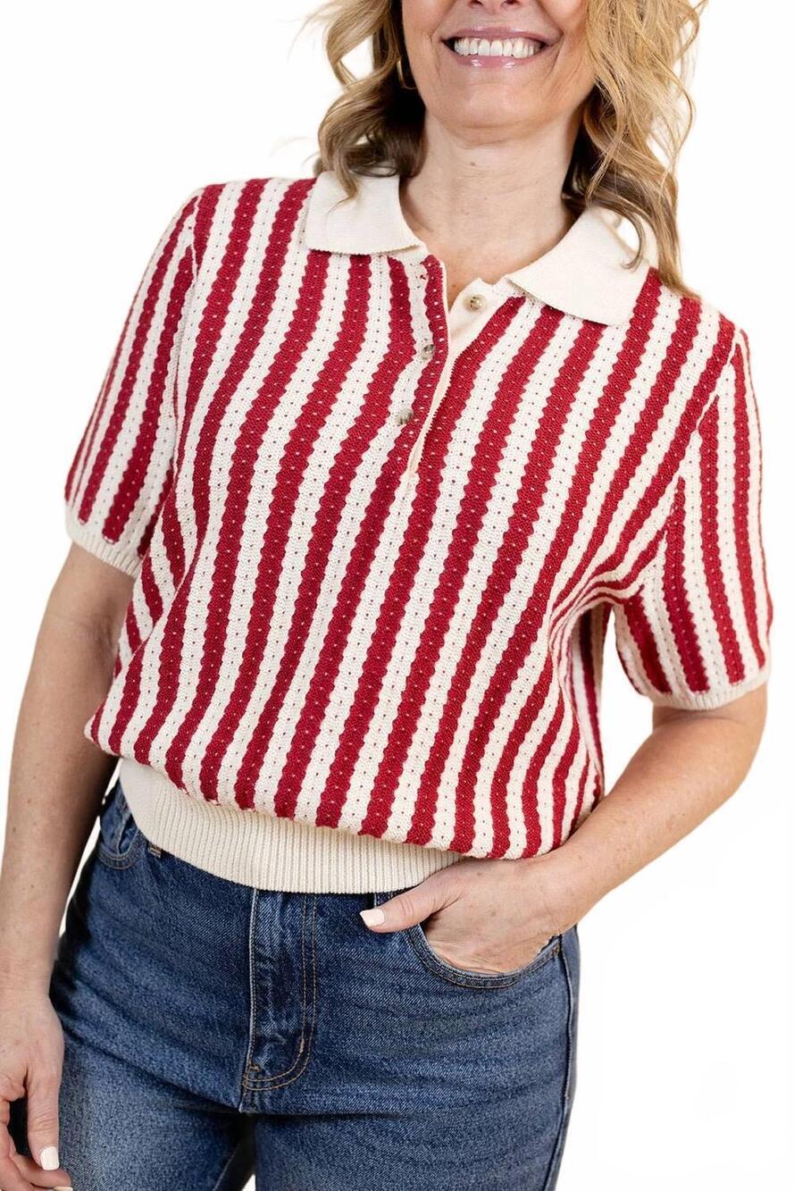 NEW POLAGRAM melina stripe knit top in red/ivory